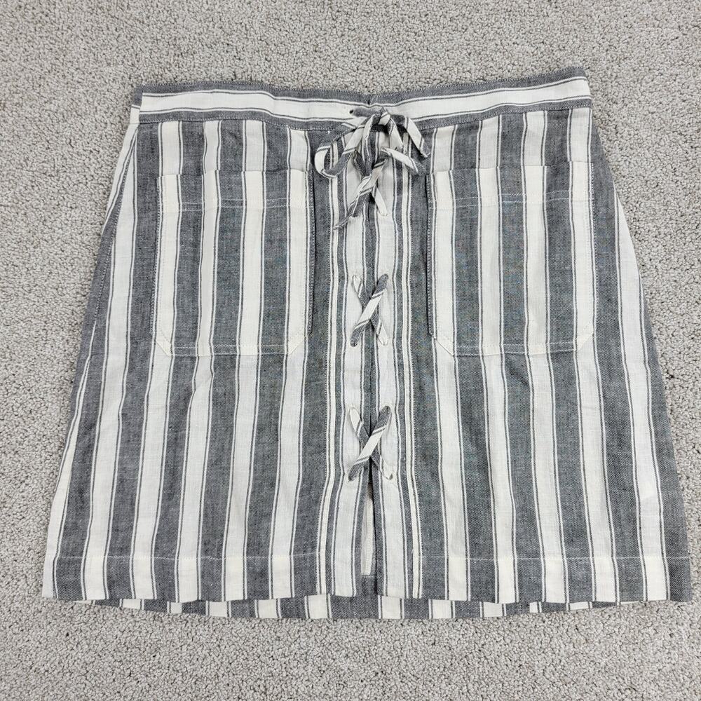 Madewell Skirt Womens 4 Gray White Linen Blend Lace Up Striped Pockets Mini